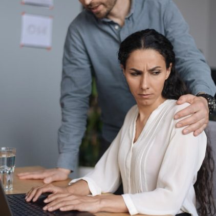 Workplace,Harassment.,Male,Boss,Touching,His,Young,Female,Assistant,While